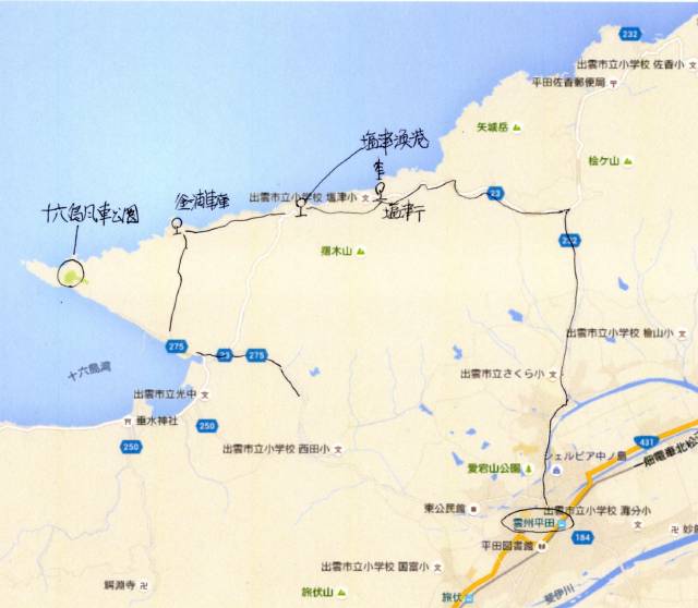 平田生活バスの釜浦線と北浜線のマップ