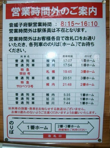 音威子府駅の営業時間の案内看板